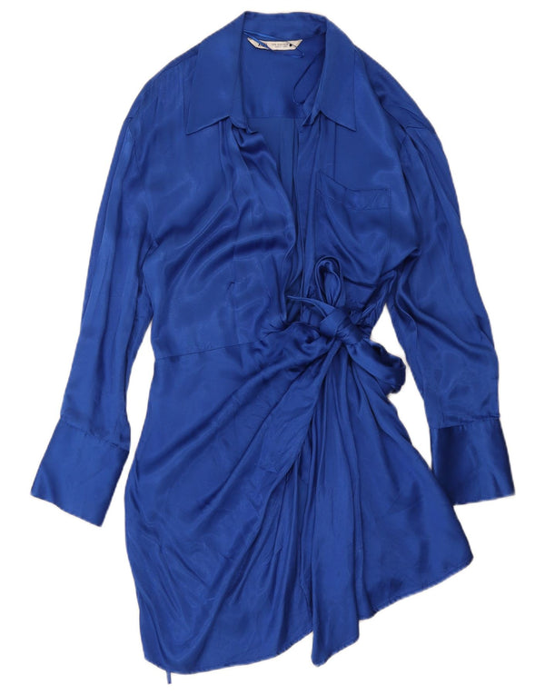 Rochie înfășurată cu mânecă lungă pentru femei Zara UK 14, viscoză albastră medie