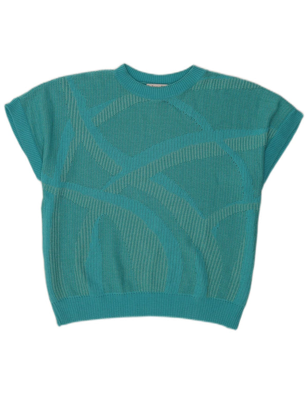 Bluză din tricot cu mânecă scurtă pentru femei Vintage Top IT 46 mare turcoaz geometric