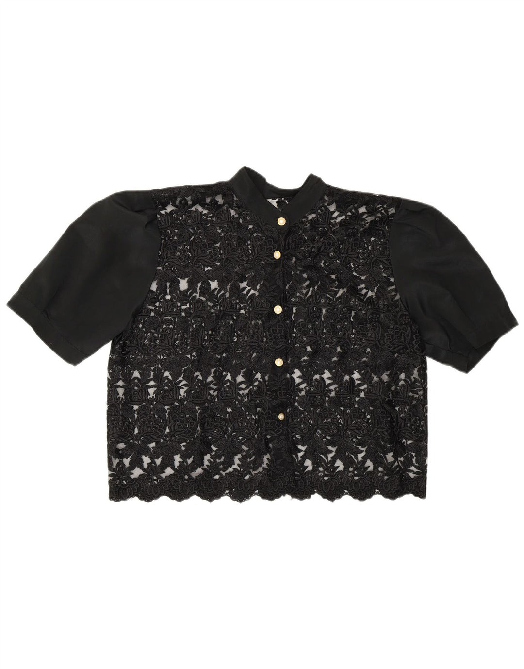 Bluză de cămașă de epocă pentru femei crop See Through UK 14 Medium Black Floral