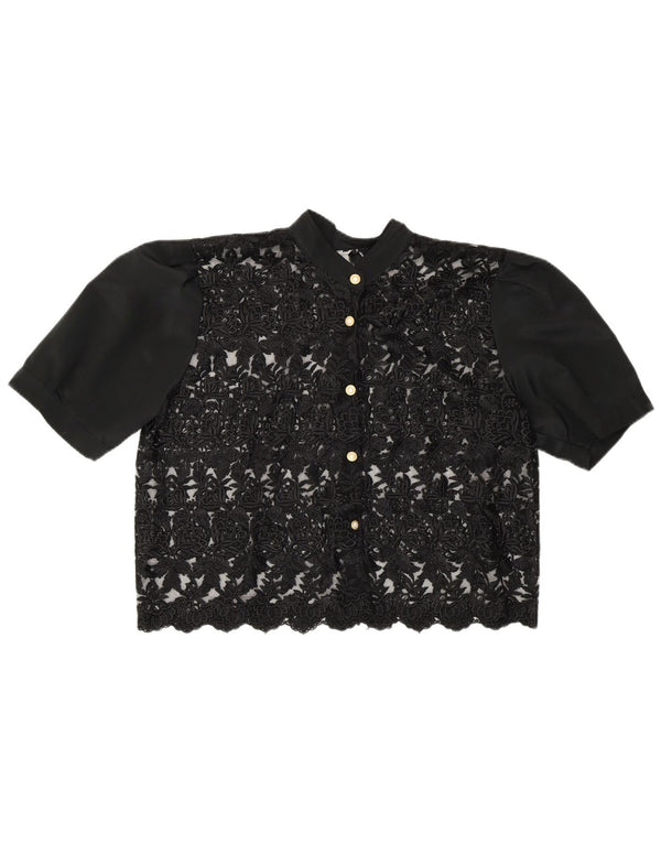 Bluză de cămașă de epocă pentru femei crop See Through UK 14 Medium Black Floral