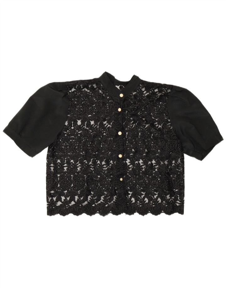 Bluză de cămașă de epocă pentru femei crop See Through UK 14 Medium Black Floral