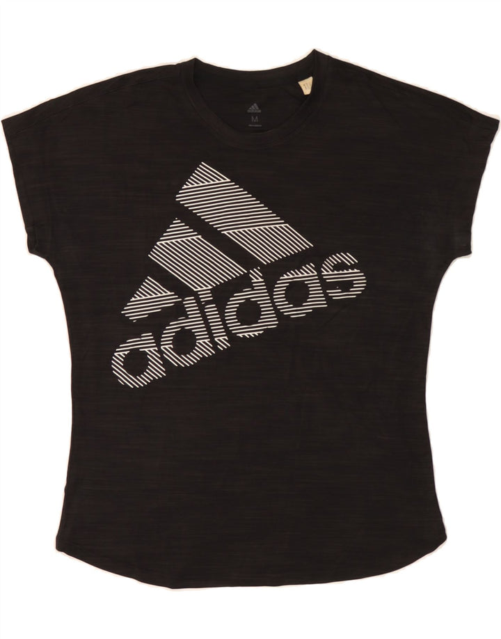 ADIDAS Womens Graphic T-Shirt Top UK 14 Medium Black Pinstripe Polyester Vintage Adidas and Second-Hand Adidas from Messina Hembry 