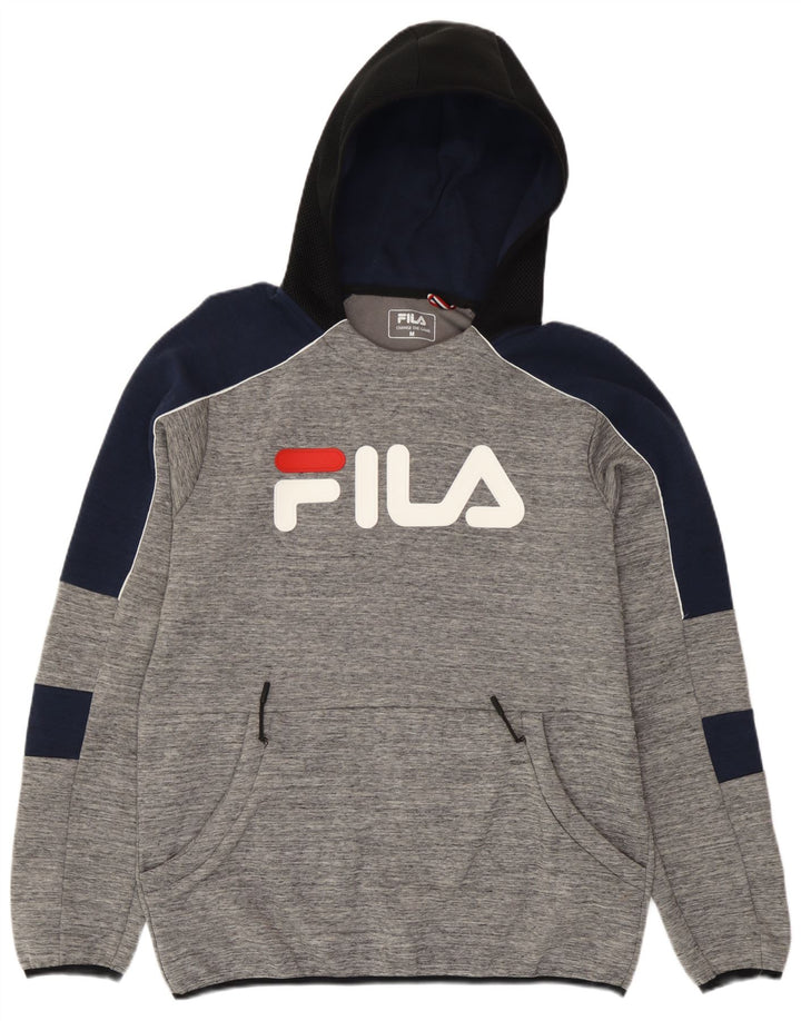 Pulover Fila pentru bărbați cu capota, gri mediu, bumbac color bloc