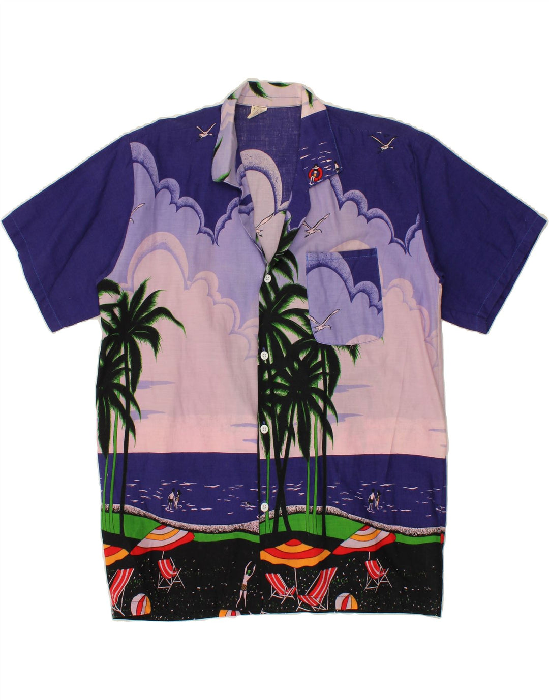 VINTAGE Mens Short Sleeve Shirt Small Navy Blue Polyester Hawaiian Vintage Vintage and Second-Hand Vintage from Messina Hembry 