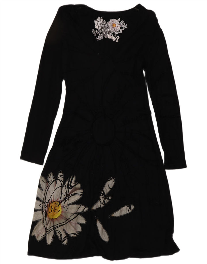 Rochie de bază cu mânecă lungă pentru femei Desigual UK 14, mare, neagră, viscoză florală