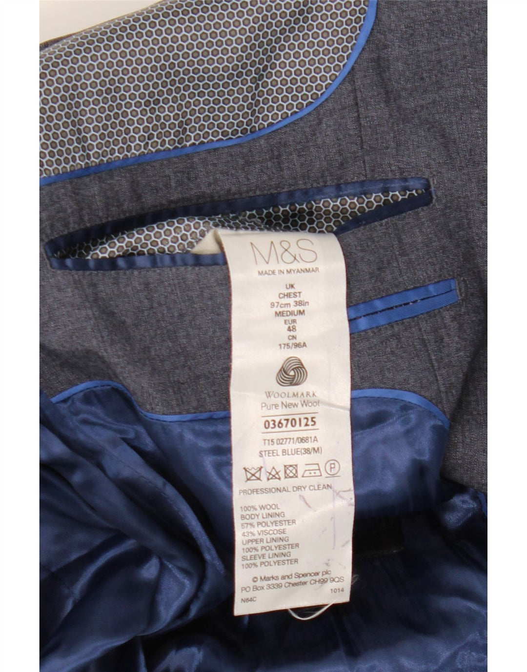 Jachetă pentru bărbați Marks & Spencer cu 1 nasture, UK 38, lână albastră medie