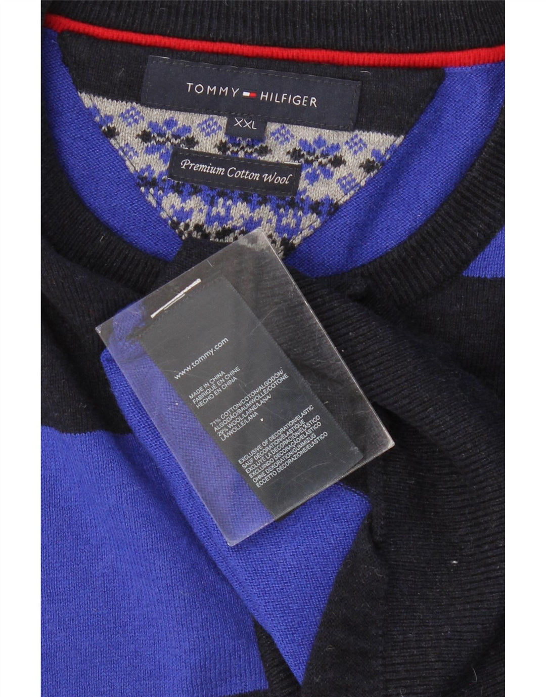 TOMMY HILFIGER Pulover pentru bărbați cu decolteu rotund, bumbac cu dungi negre 2XL