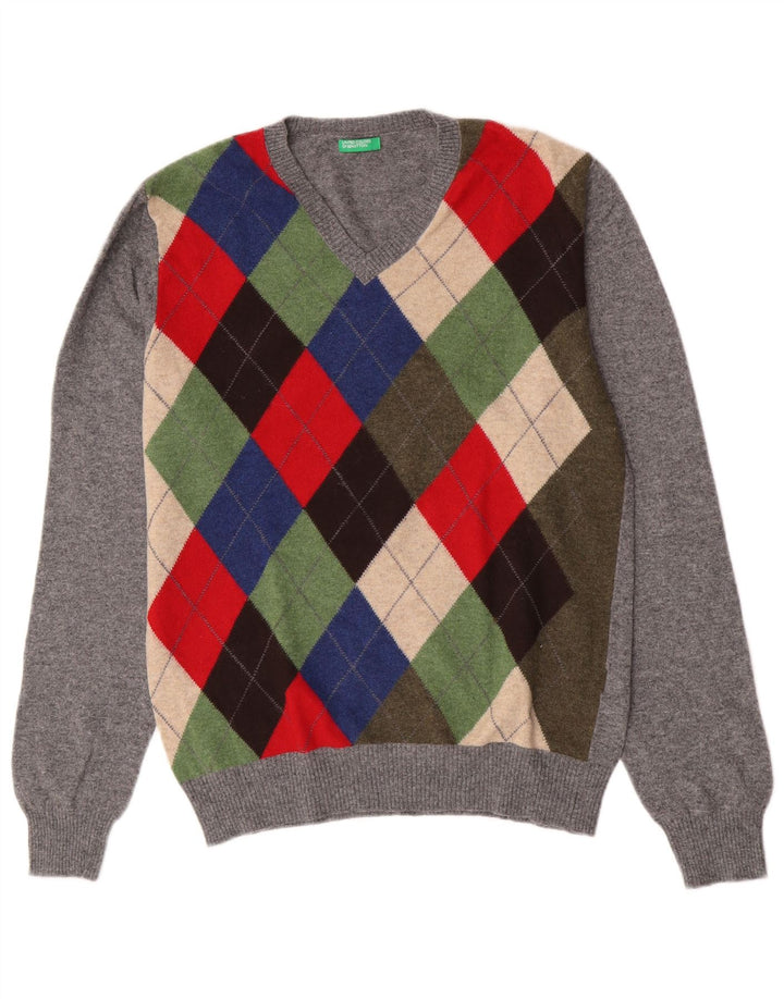 Pulover cu decolteu în V Benetton pentru bărbați, gri mediu, lână Argyle/Diamond