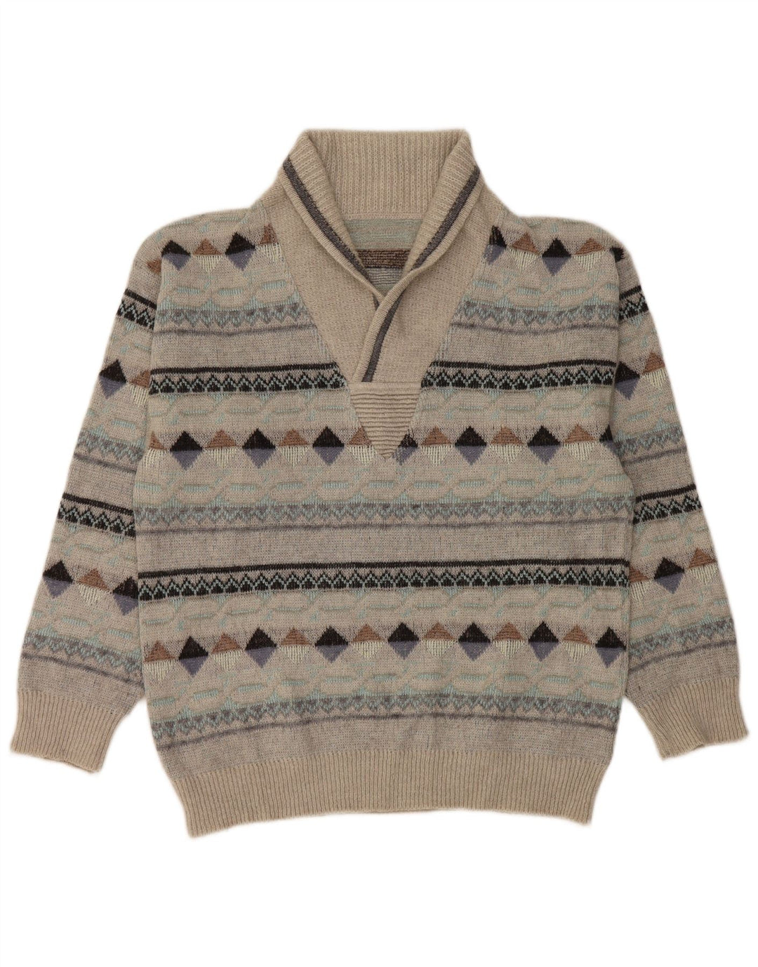 Pulover vintage pentru bărbați cu gât șal IT 50 Gri mediu Argyle/Diamond