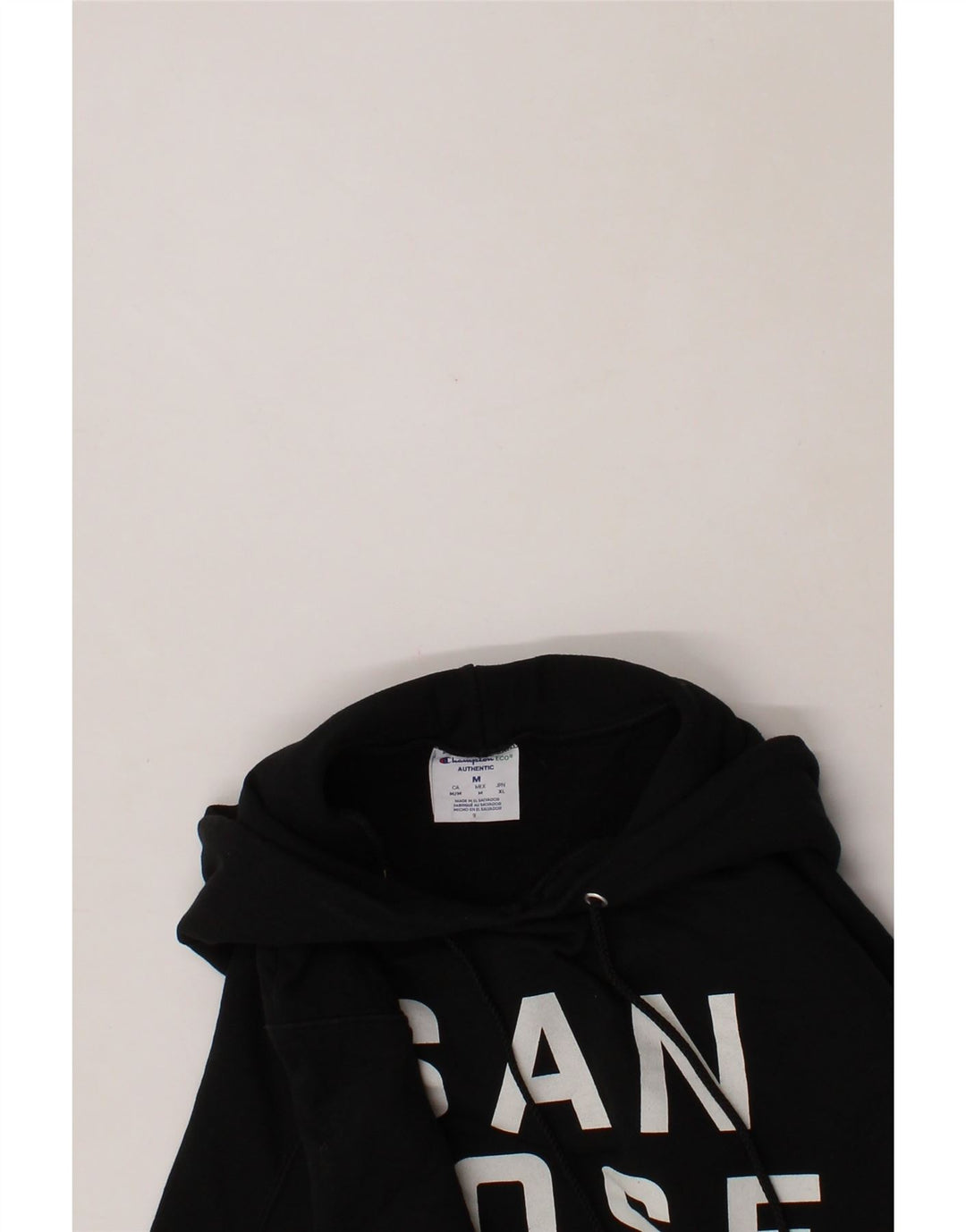 CHAMPION Mens Graphic Hoodie Jumper Medium Black Cotton Vintage Champion and Second-Hand Champion from Messina Hembry 