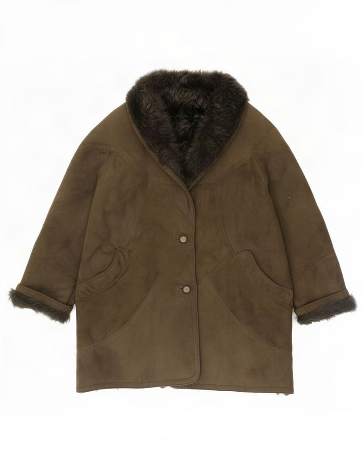 Palton oversize din shearling vintage pentru femei EU 46 XL kaki