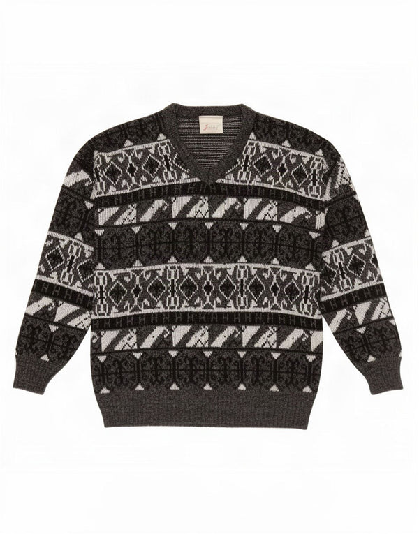 Vintage Boys Pulover cu decolteu în V 15-16 ani XL Gri Geometric Acrilic