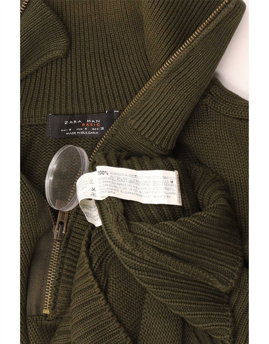 Pulover pentru bărbați Zara, cu fermoar și gât, bumbac verde mediu