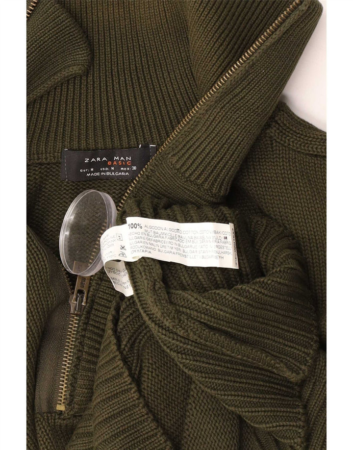 Pulover pentru bărbați Zara, cu fermoar și gât, bumbac verde mediu