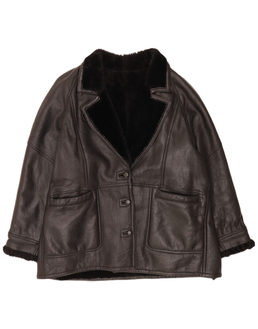 Jachetă din shearling vintage pentru femei, cu ajustare largă, EU 48 2XL, negru, clasică