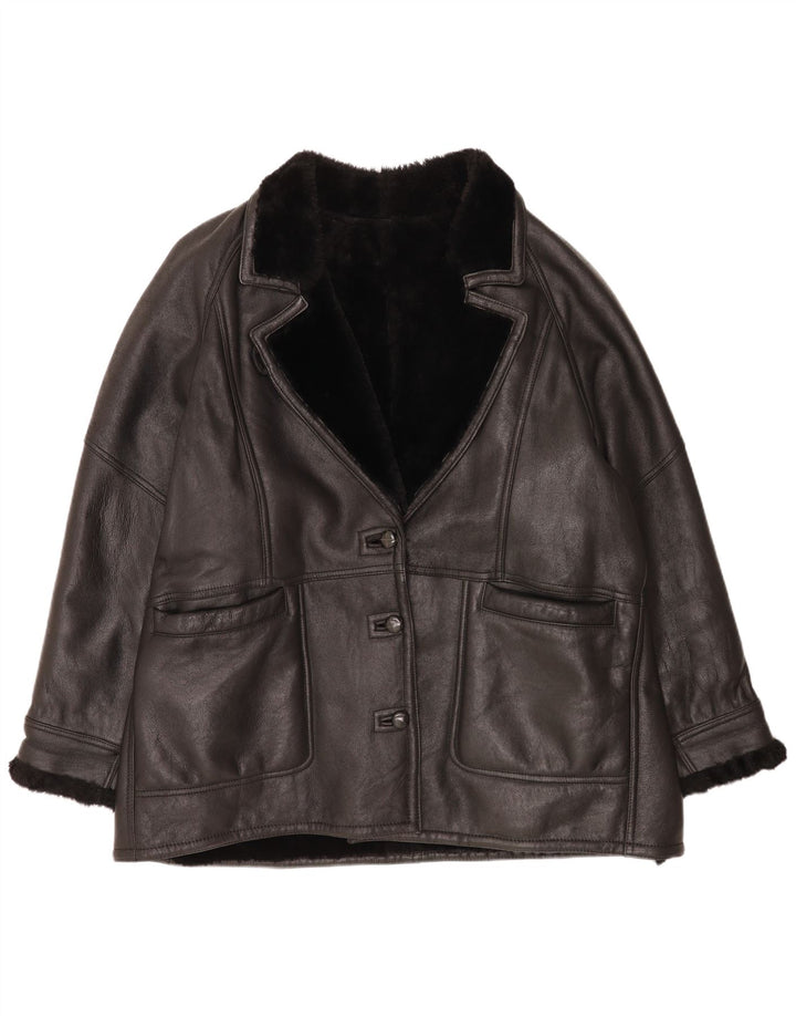 Jachetă din shearling vintage pentru femei, cu ajustare largă, EU 48 2XL, negru, clasică