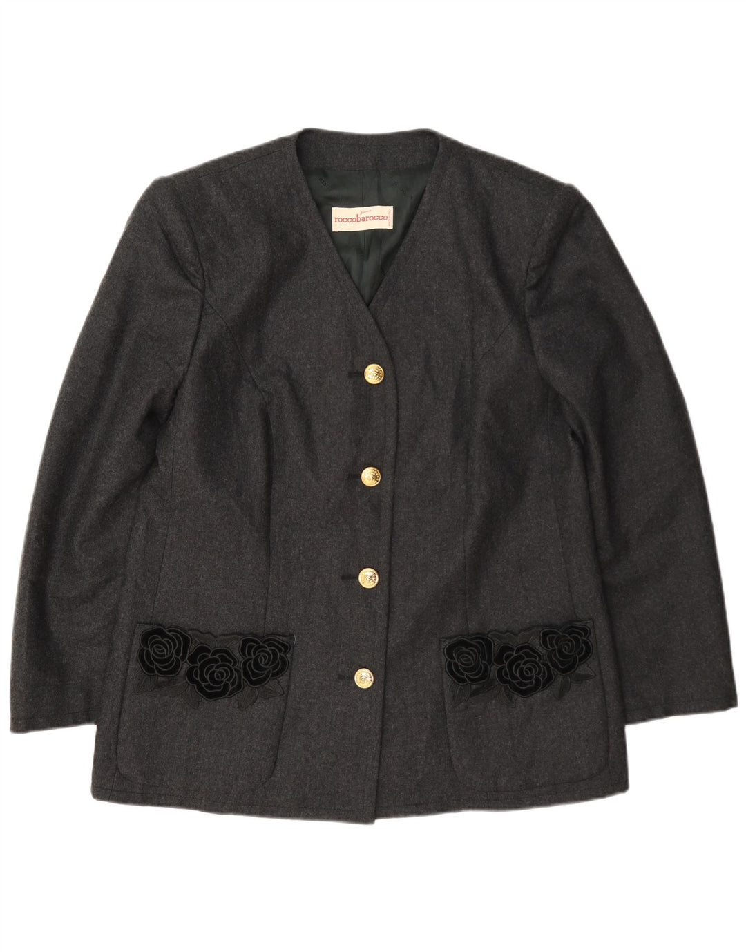 Roccobarocco Jachetă Blazer pentru Damă cu 4 Nasturi UK 14 Lână Florală Gri Mediu