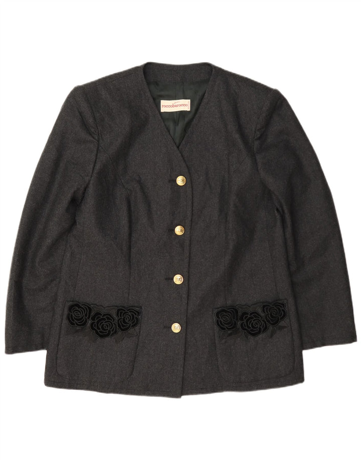 Roccobarocco Jachetă Blazer pentru Damă cu 4 Nasturi UK 14 Lână Florală Gri Mediu