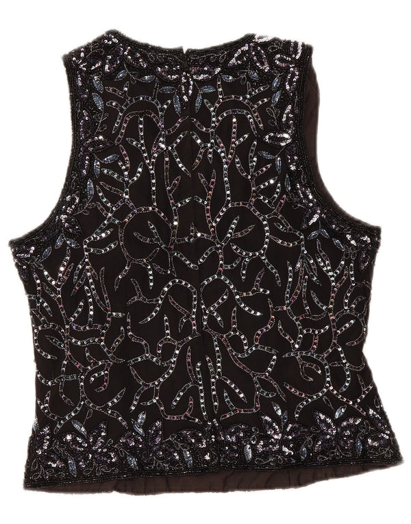 Bluză fără mâneci de seară vintage pentru femei UK 12 Medium Black Floral