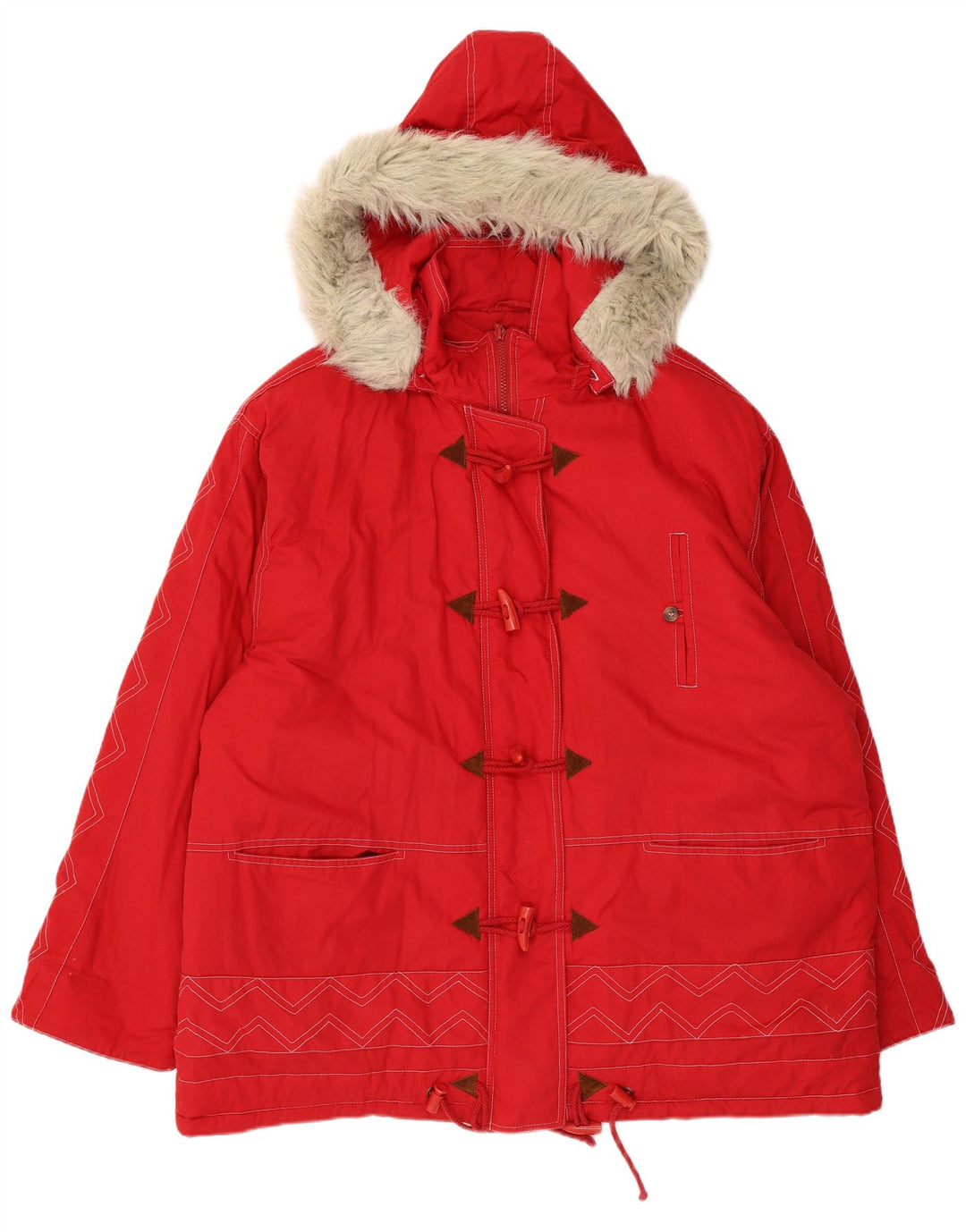 Jachetă parka cu glugă vintage pentru femei UK 24 4XL poliester chevron roșu