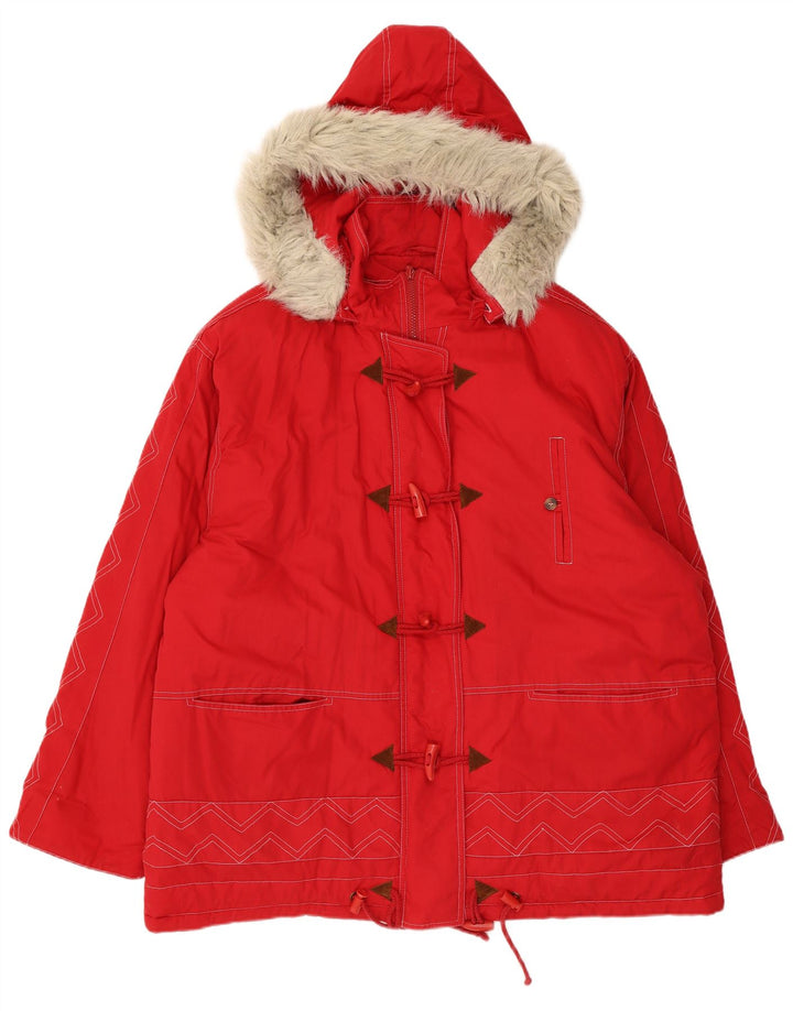 Jachetă parka cu glugă vintage pentru femei UK 24 4XL poliester chevron roșu