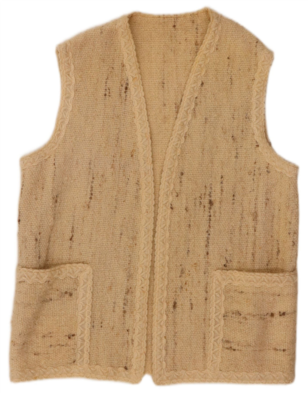 VINTAGE Pulover cardigan deschis fără mâneci pentru femei UK 16 mare, bej, pete