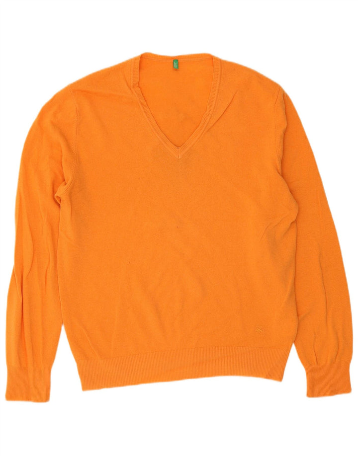 Pulover Benetton pentru bărbați cu decolteu în V, XL, portocaliu, lână virgină
