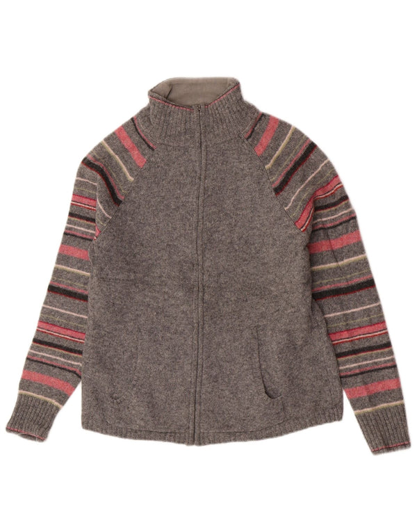 Pulover cardigan pentru femei Eddie Bauer UK 12, lână de miel cu dungi, gri mediu