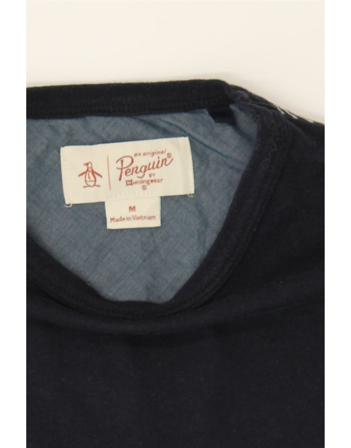 PENGUIN Mens T-Shirt Top Medium Navy Blue Pinstripe Cotton Vintage Penguin and Second-Hand Penguin from Messina Hembry 
