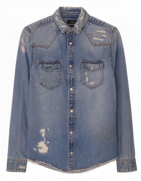 Zara Mens Distressed Relaxed Fit Denim Shirt Small Blue Cotton