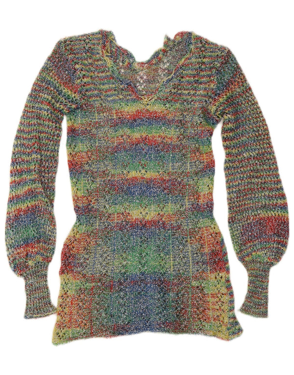 Pulover vintage pentru femei cu decolteu în V UK 4 XS cu dungi multicolore