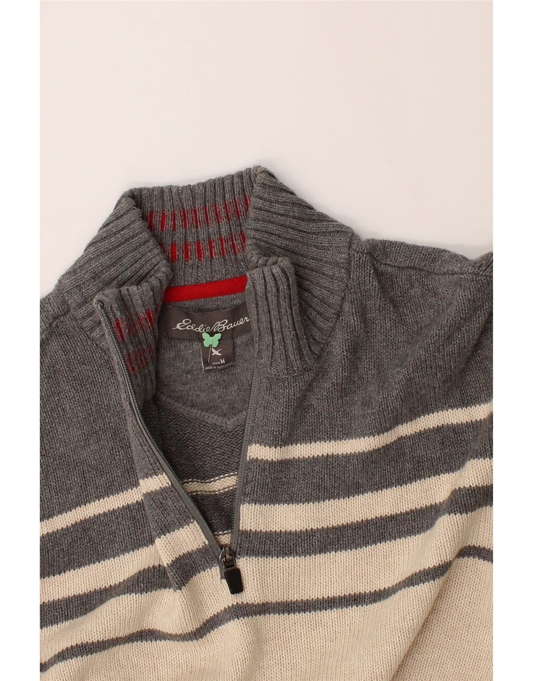 EDDIE BAUER Mens Zip Neck Jumper Sweater Medium Beige Colourblock Cotton Vintage Eddie Bauer and Second-Hand Eddie Bauer from Messina Hembry 