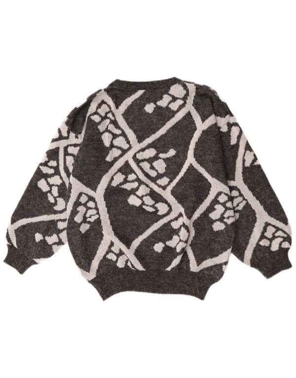 Pulover vintage pentru femei cu decolteu triplu UK 16 mare, gri, geometric