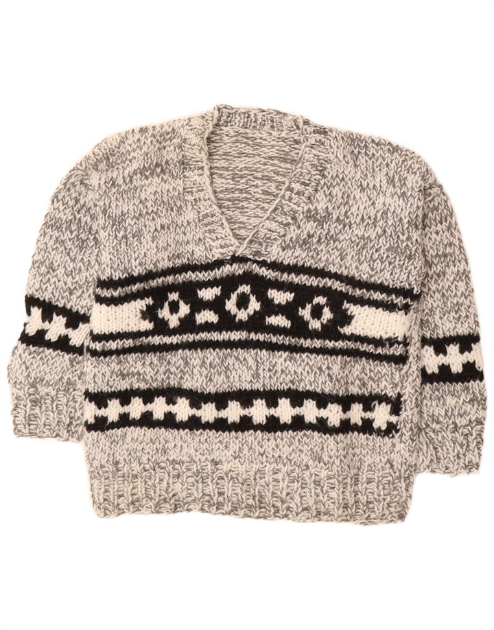 Pulover vintage pentru bărbați cu decolteu în V, gri mediu Fair Isle