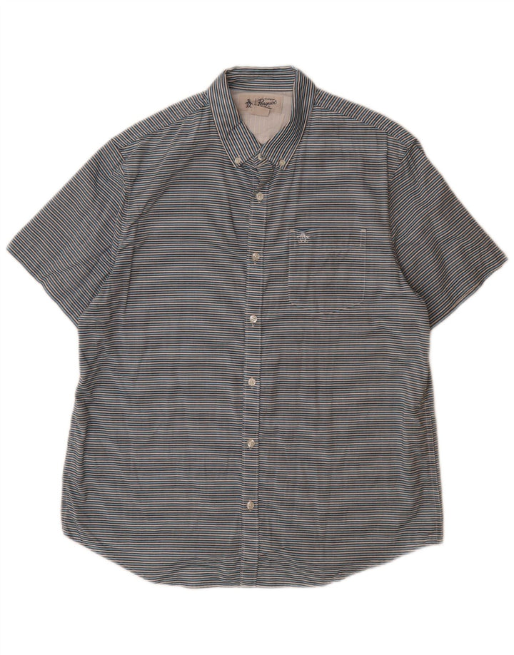 Cămașă cu mânecă scurtă pentru bărbați PENGUIN, bumbac mare, cu dungi, albastre