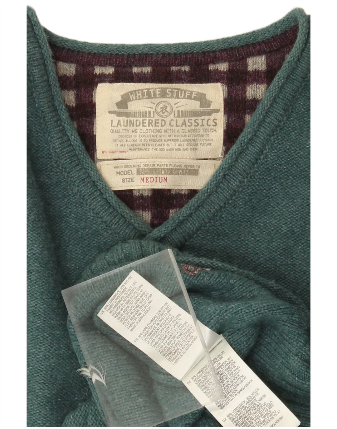 White Stuff Pulover cu decolteu în V pentru bărbați, lână de miel verde medie