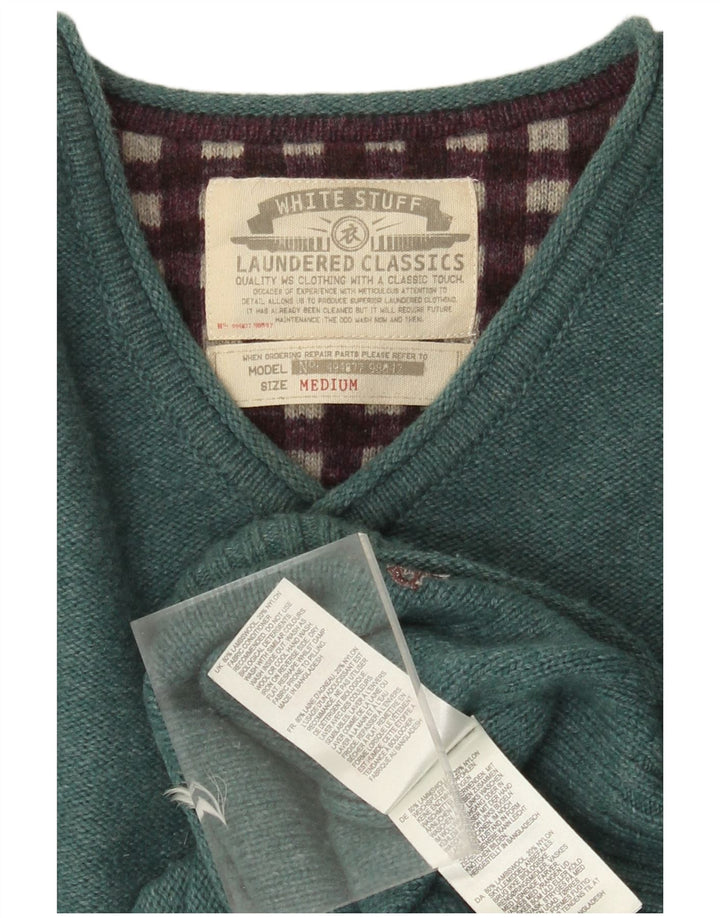 White Stuff Pulover cu decolteu în V pentru bărbați, lână de miel verde medie