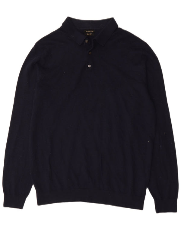 Massimo Dutti Mens Polo Neck Jumper Sweater XL Navy Blue Merino Wool