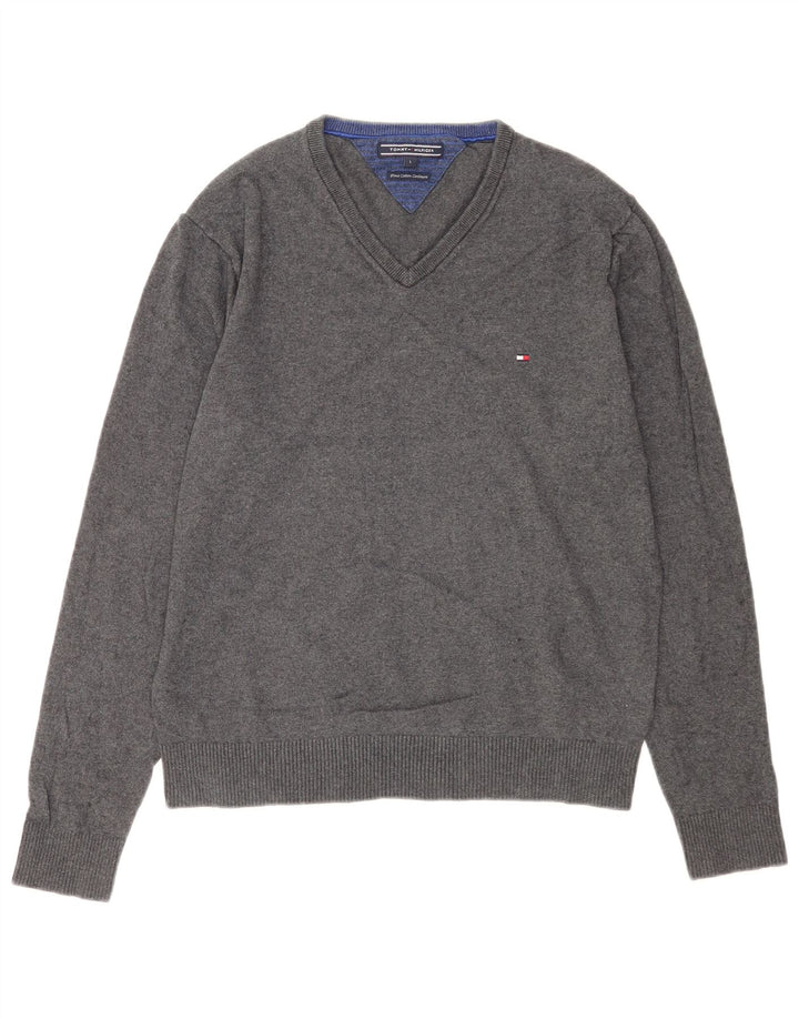 Pulover cu decolteu în V Tommy Hilfiger pentru bărbați, bumbac mare, gri