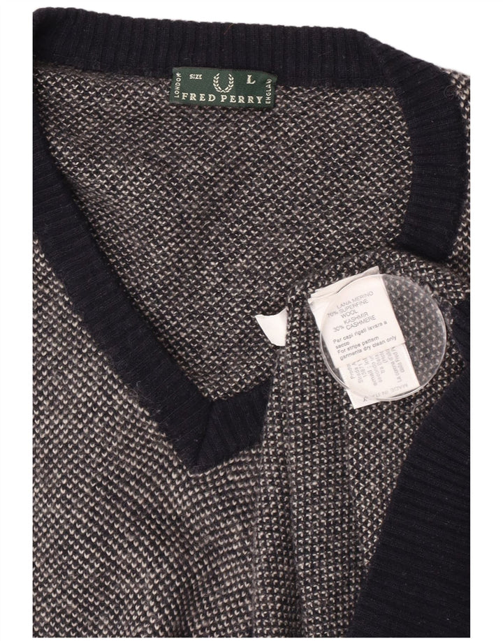 Pulover pentru bărbați Fred Perry cu decolteu în V, mare, lână cu pete, albastru bleumarin