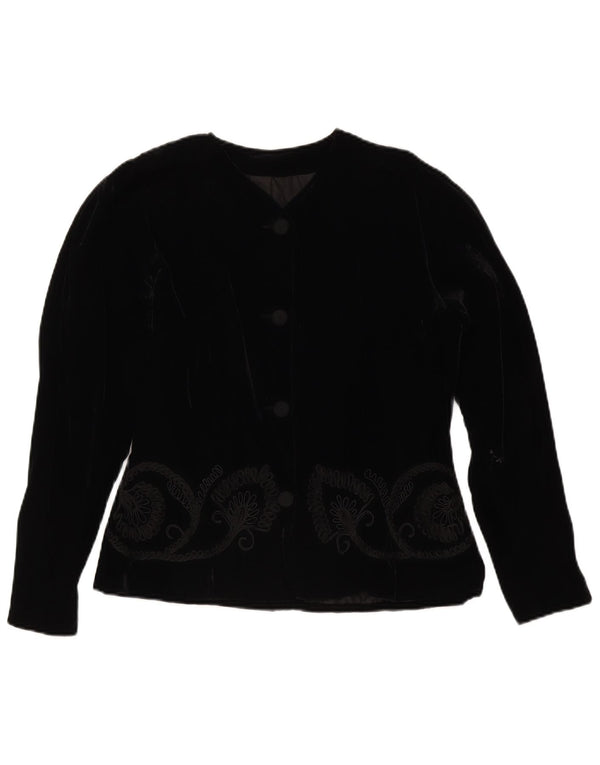 Jachetă vintage din catifea cu 4 nasturi pentru femei UK 14 Medium Black Floral