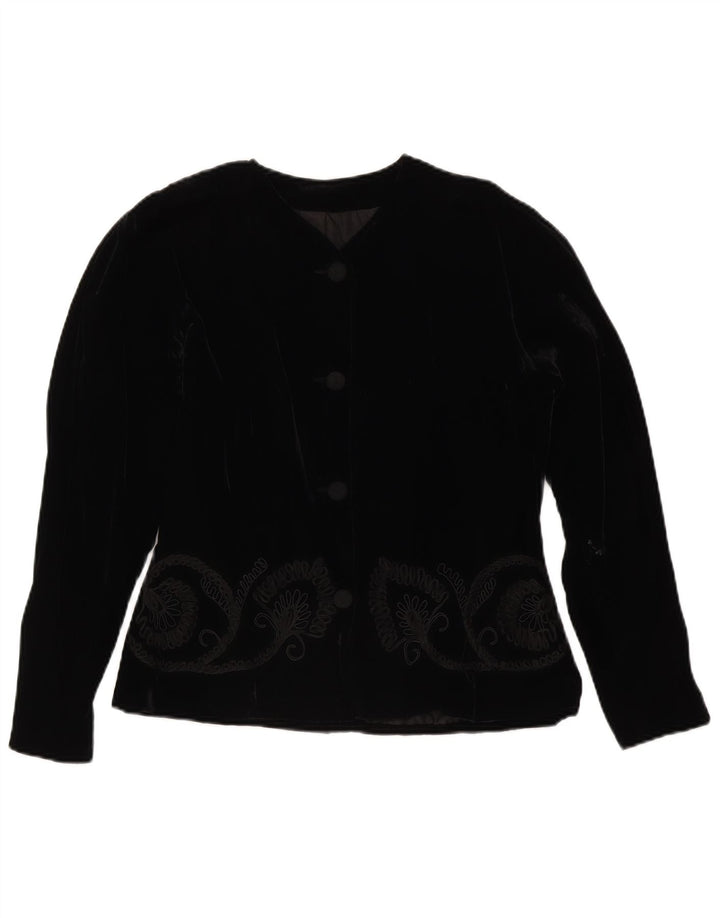 Jachetă vintage din catifea cu 4 nasturi pentru femei UK 14 Medium Black Floral
