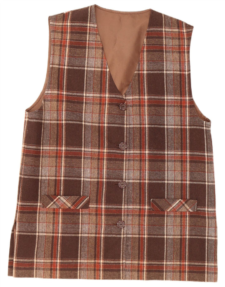 Jachetă blazer fără mâneci, cu 4 nasturi, pentru femei VINTAGE UK 16, mare, maro, check