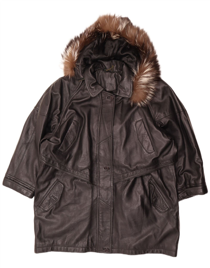 Palton de piele supradimensionat cu glugă vintage pentru femei EU 46 XL din piele neagră
