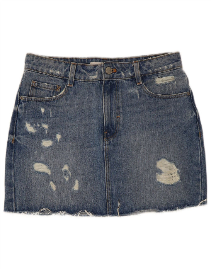 Fusta Mini Denim Trafaluc Distressed ZARA XS W24 Bumbac Albastru