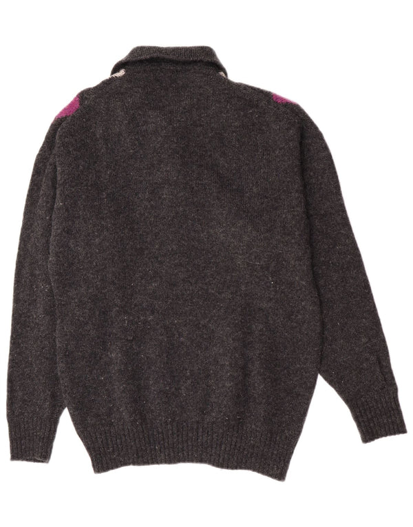 Pulover vintage pentru bărbați cu gât polo, lână virgină mare, gri Argyle/Diamond