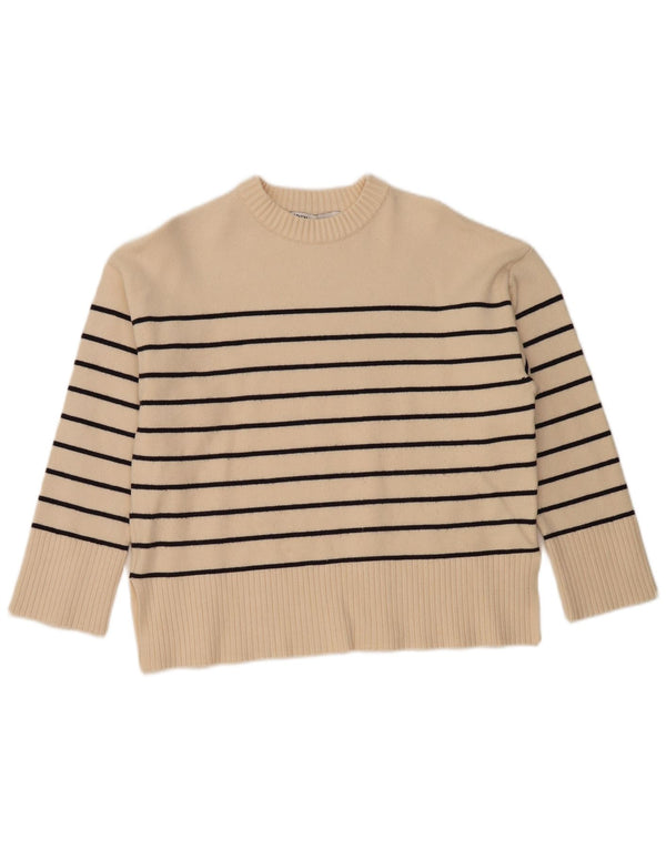 Pulover pentru damă Zara, cu gât de barcă, UK 14, viscoză cu dungi medii, bej