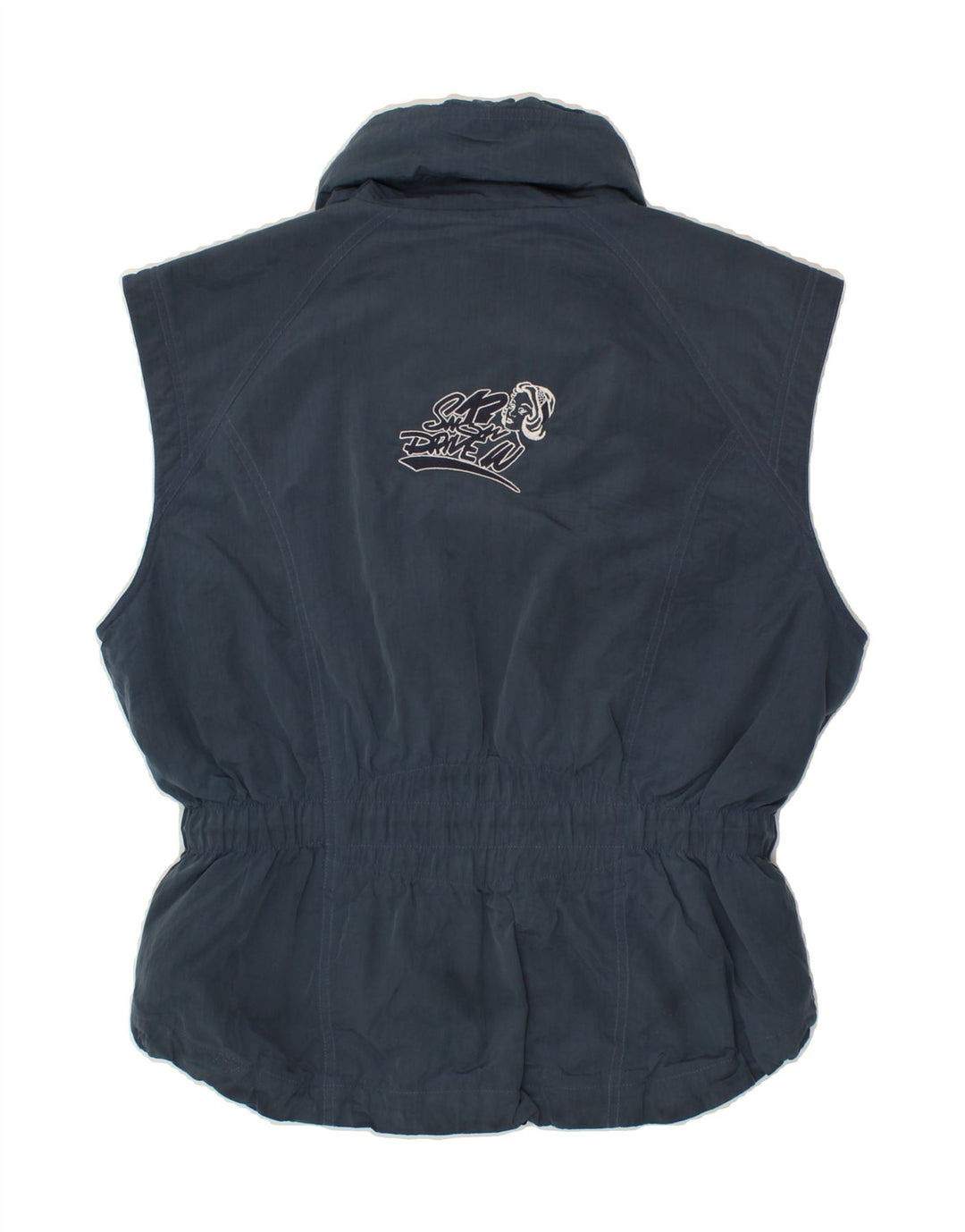 VINTAGE Womens Graphic Gilet EU 40 Medium Navy Blue Nylon Vintage Vintage and Second-Hand Vintage from Messina Hembry 