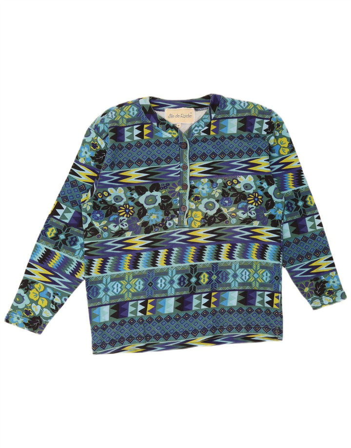 Vintage Top pentru femei cu mânecă lungă UK 14 Medium Blue Geometric Bumbac
