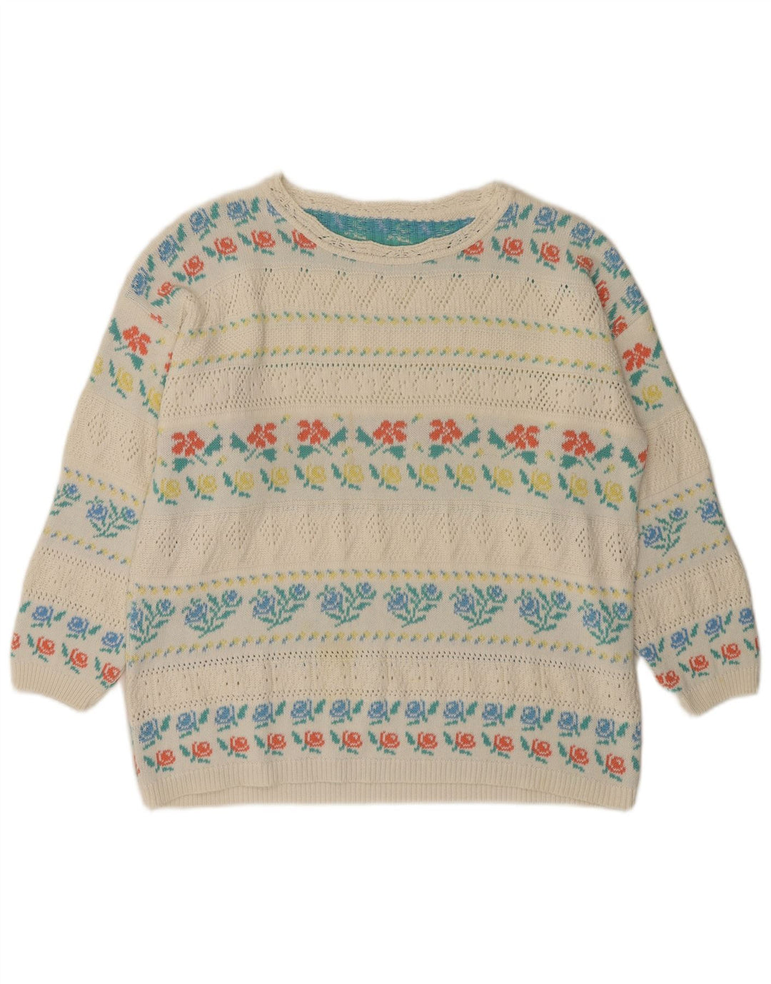 Pulover VINTAGE pentru damă, cu gât de barcă, IT 46, mare, alb, acrilic, floral